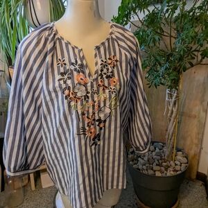 Unbranded Crn Blend Navy What Striped Emb Puff 3/4 Sleeve Sz 14